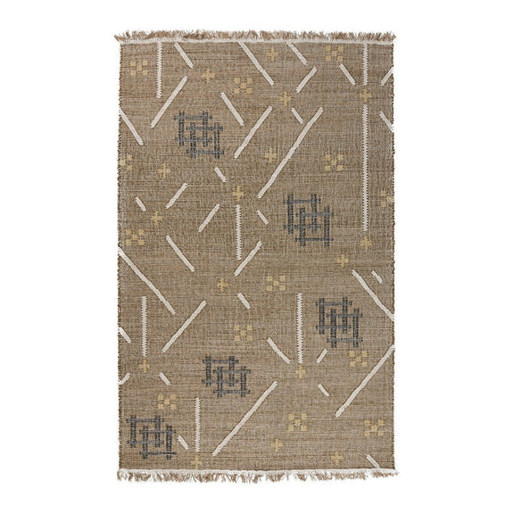 Tan area rug with white geometric lines and dark blue motif blocks, short fringe