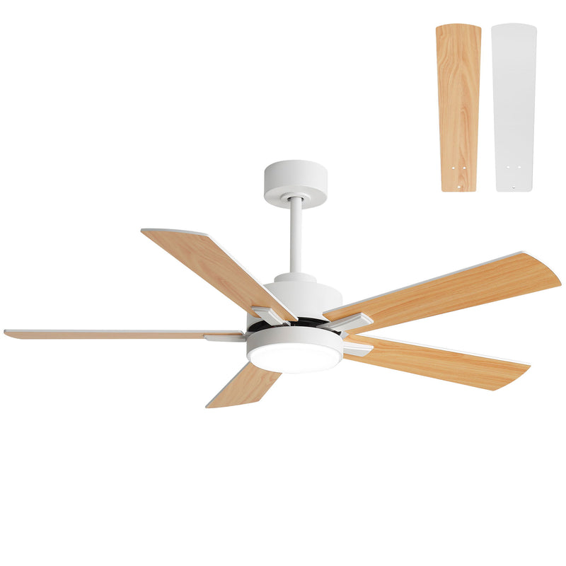 White ceiling fan with light wood reversible blades and integrated LED light