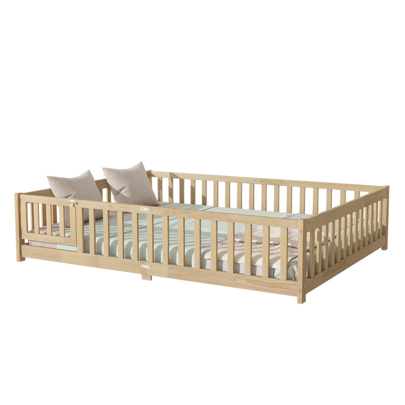 Queen Size Floor Bed with Fence, Door, Rubber Wood Floor Bed with Safety Guardrails, Natural