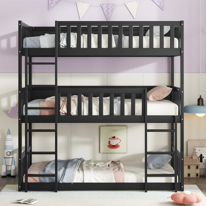 Twin Size Triple Rubber Wood Bunk Bed, with Ladders, Guardrails Detachable Bunk Bed, Twin over Twin over Twin,, Black