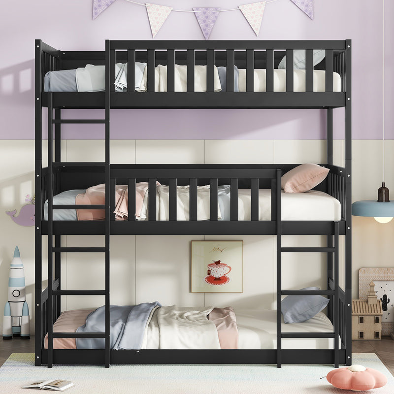 Twin Size Triple Rubber Wood Bunk Bed, with Ladders, Guardrails Detachable Bunk Bed, Twin over Twin over Twin,, Black