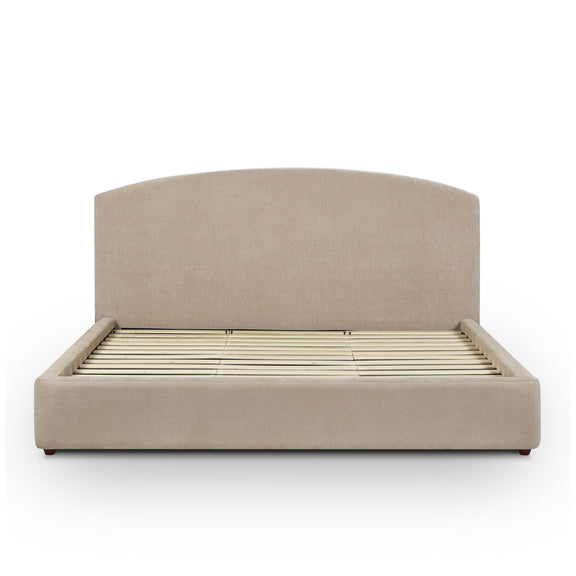 Light brown upholstered bed base with slatted support and tall curved headboard