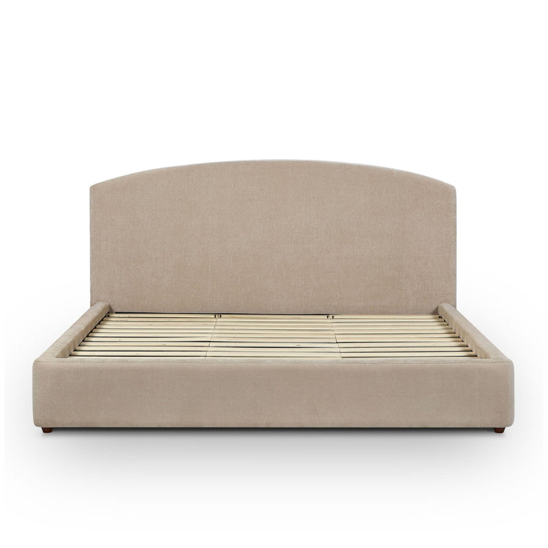 Light brown upholstered bed base with slatted support and tall curved headboard
