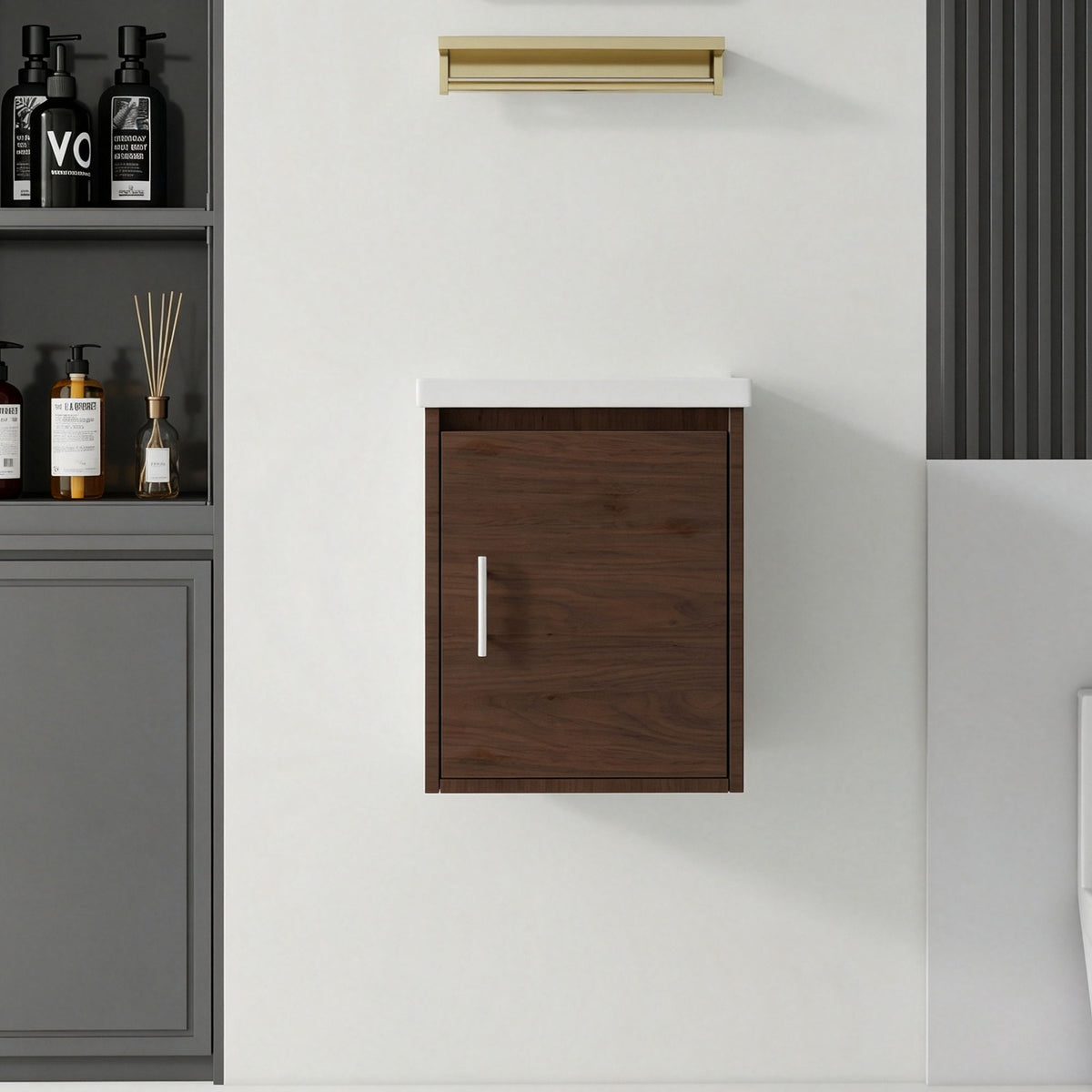 Wall-mounted bathroom vanity cabinet in dark wood with white sink and single door