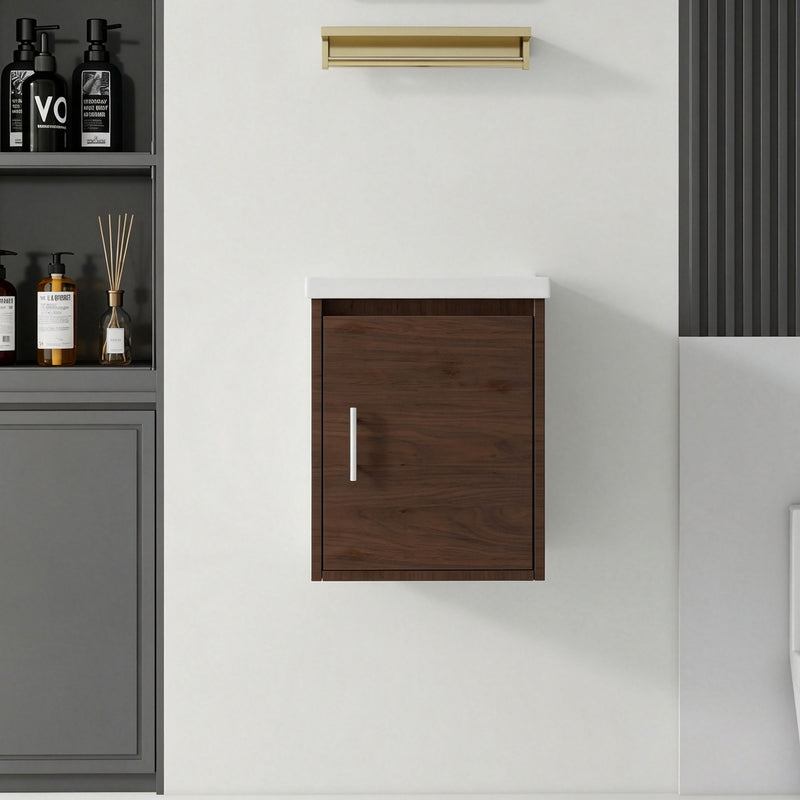 Wall-mounted bathroom vanity cabinet in dark wood with white sink and single door