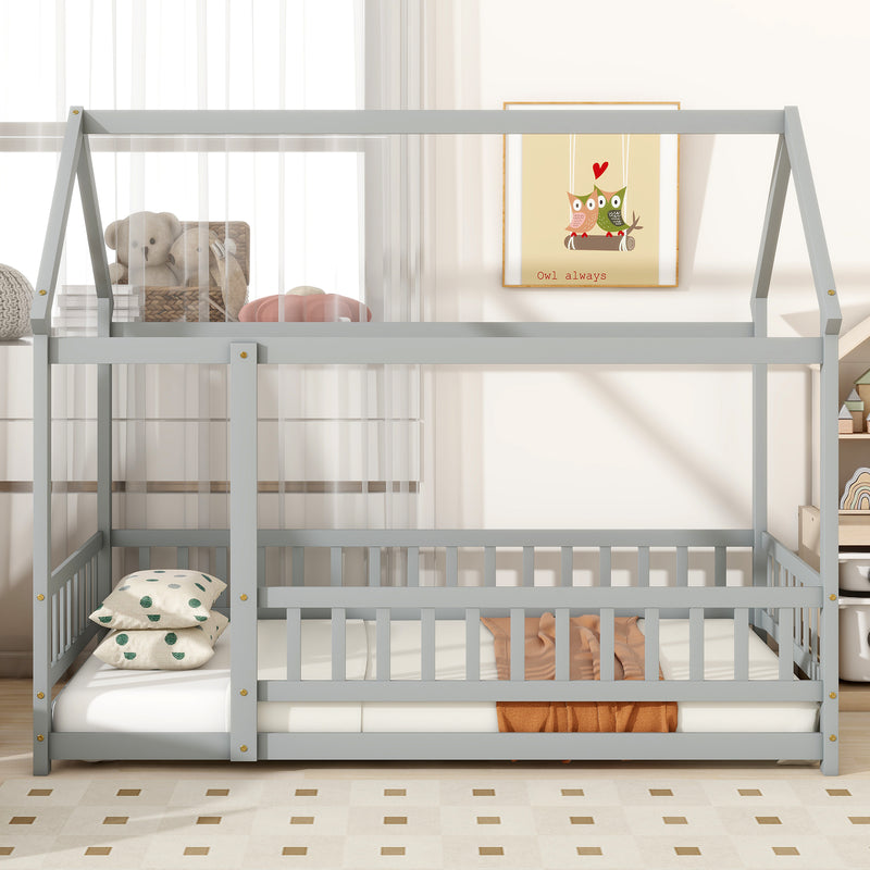 Grey twin house-frame bed with roof posts, side guardrails, and slatted mattress base