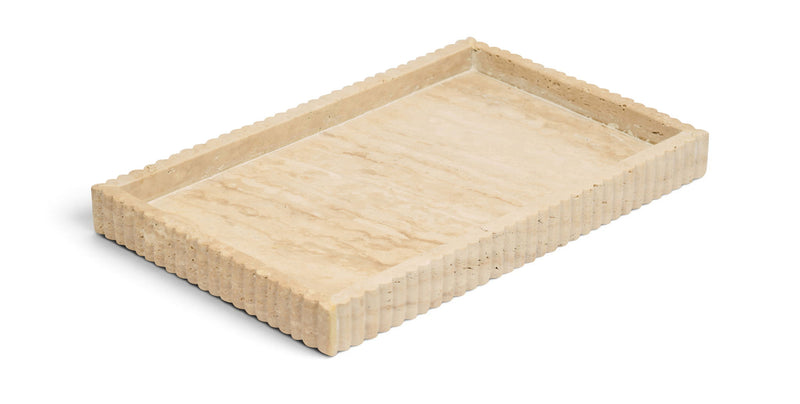 Beige travertine tray with ridged edges, rectangular serving tray