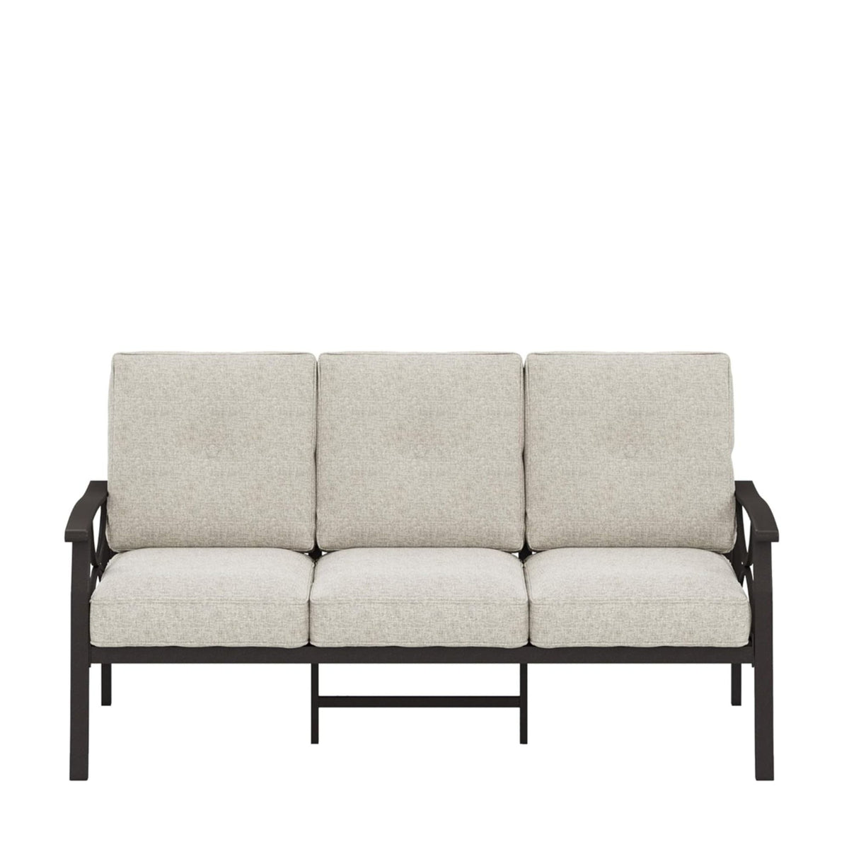 Beige 3-seat patio sofa with three seat cushions and tufted back pillows