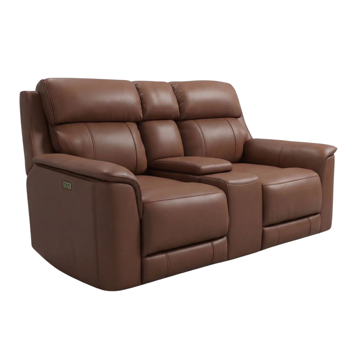 Dark brown dual power reclining loveseat with center console and padded armrests
