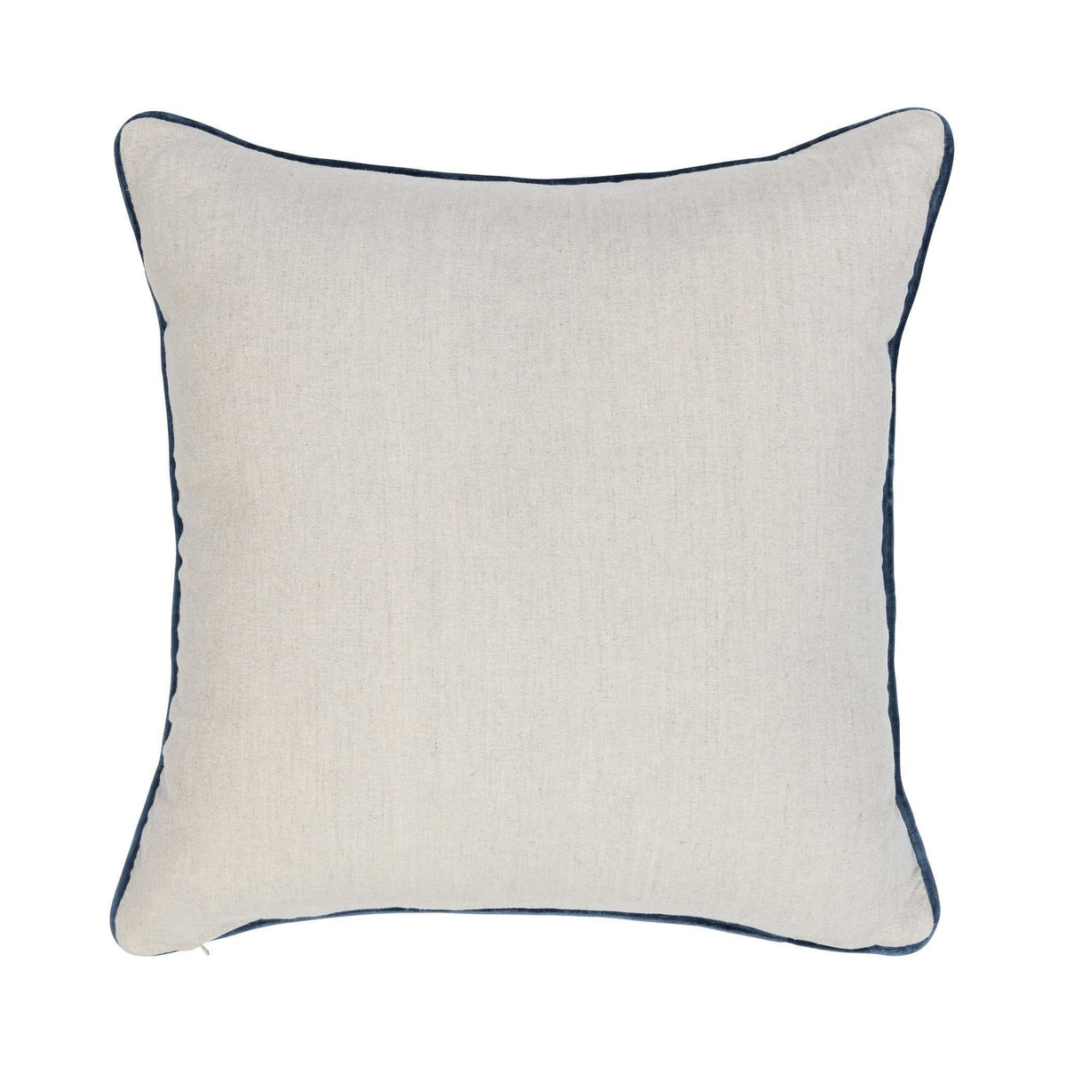 Light ivory square pillow with dark blue piping along the edges