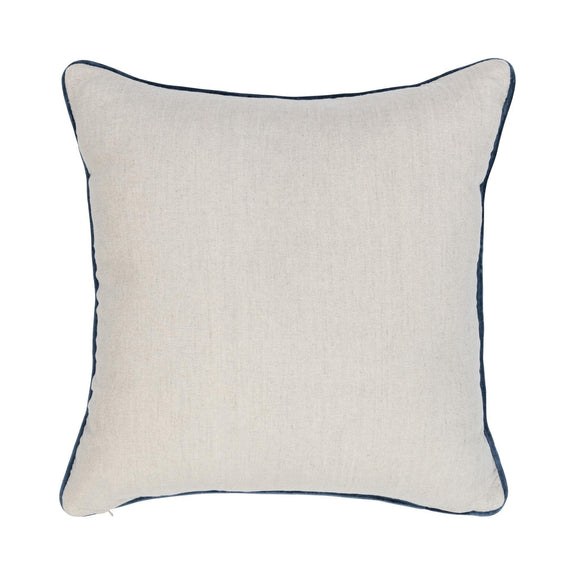 Light ivory square pillow with dark blue piping along the edges