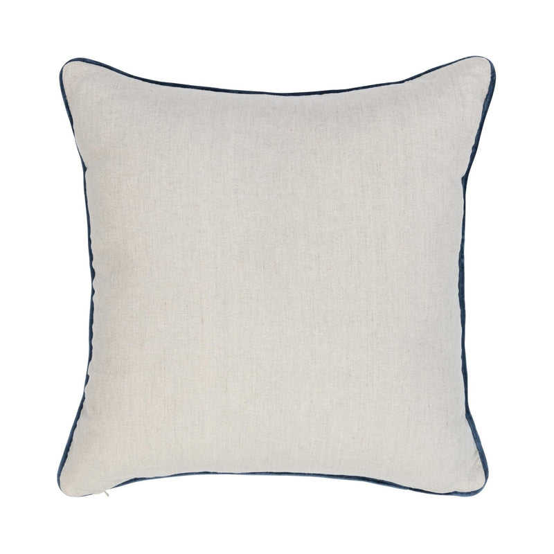 Light ivory square pillow with dark blue piping along the edges