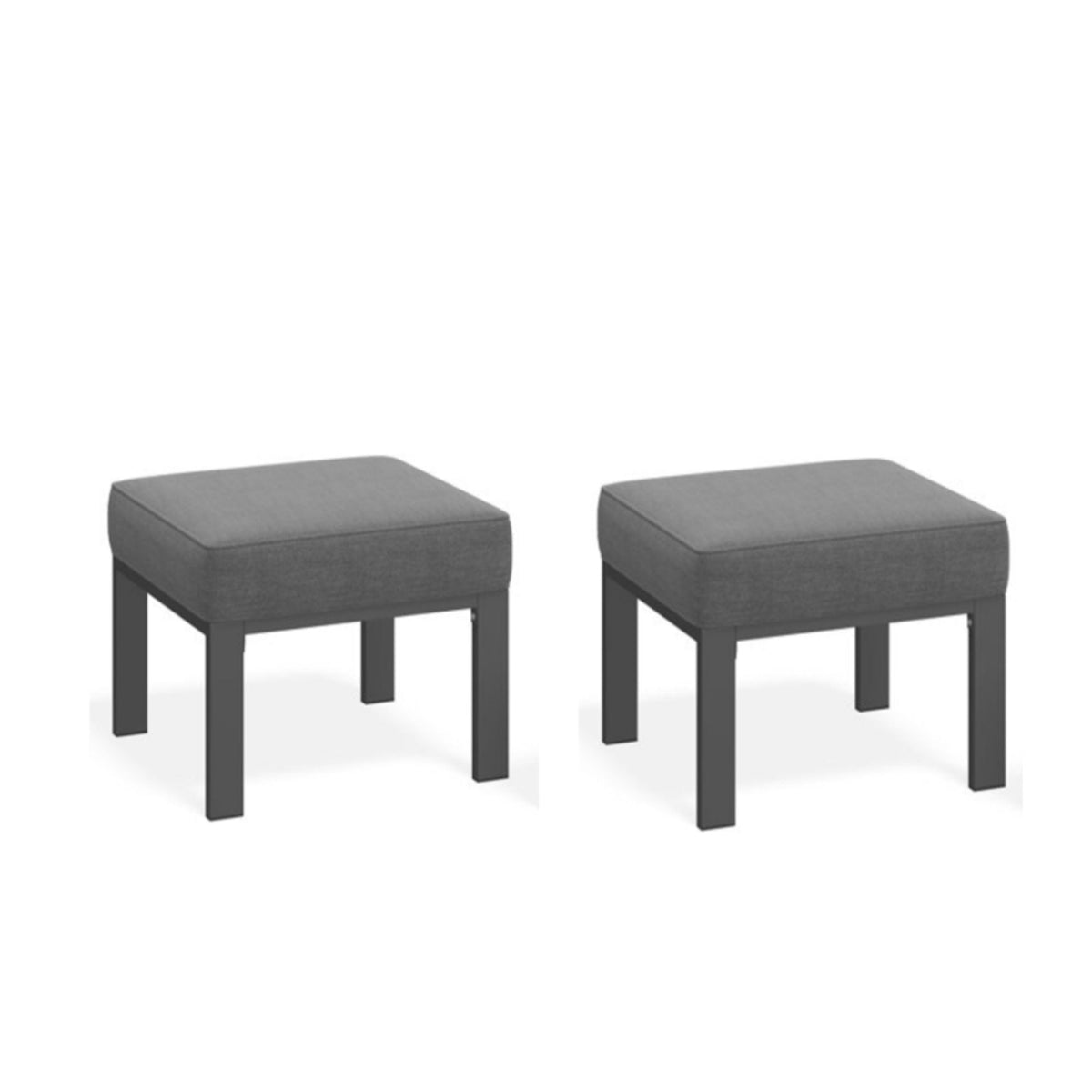 Set of 2 dark gray patio ottomans with thick square cushions and straight legs