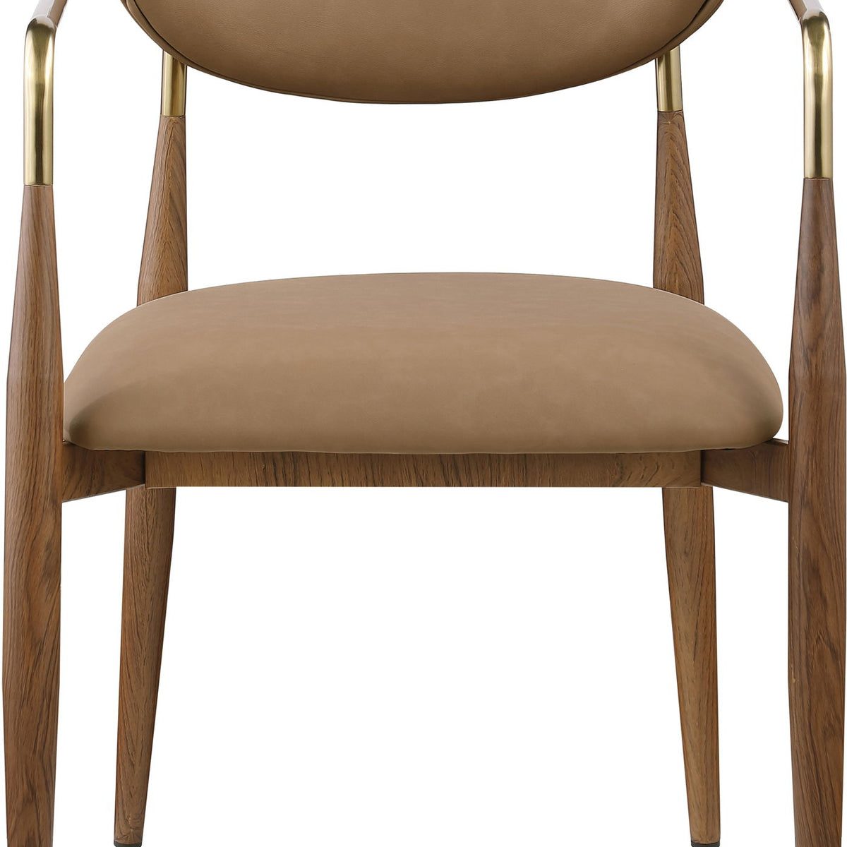 Tan upholstered dining arm chair with padded backrest and walnut legs