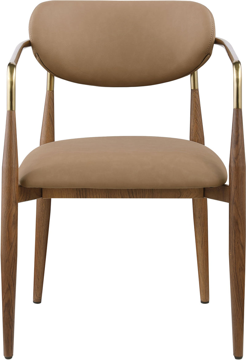 Tan upholstered dining arm chair with padded backrest and walnut legs