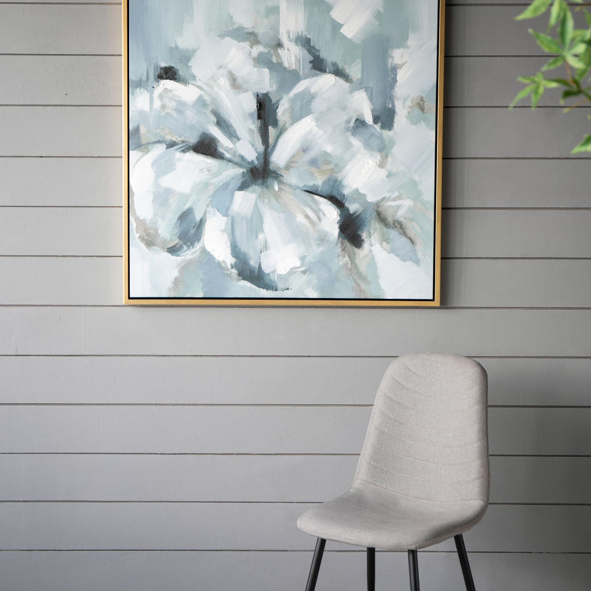 Large Modern Flower Oil Painting, SquareFrame Wall Art - Blue / Gray