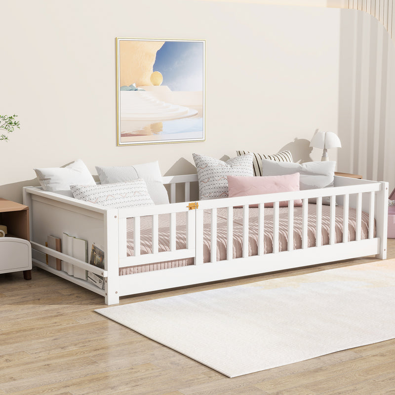 Twin Size Floor Bed with Built-in Book Rack and Door, White