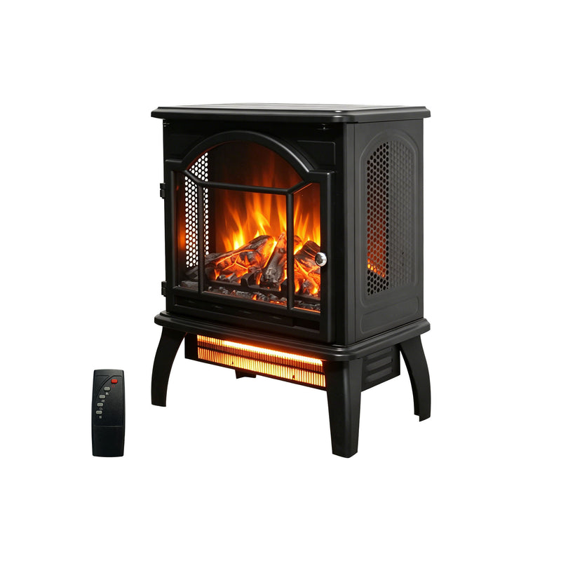 Dark electric infrared fireplace stove with glass front and LED flame; includes remote