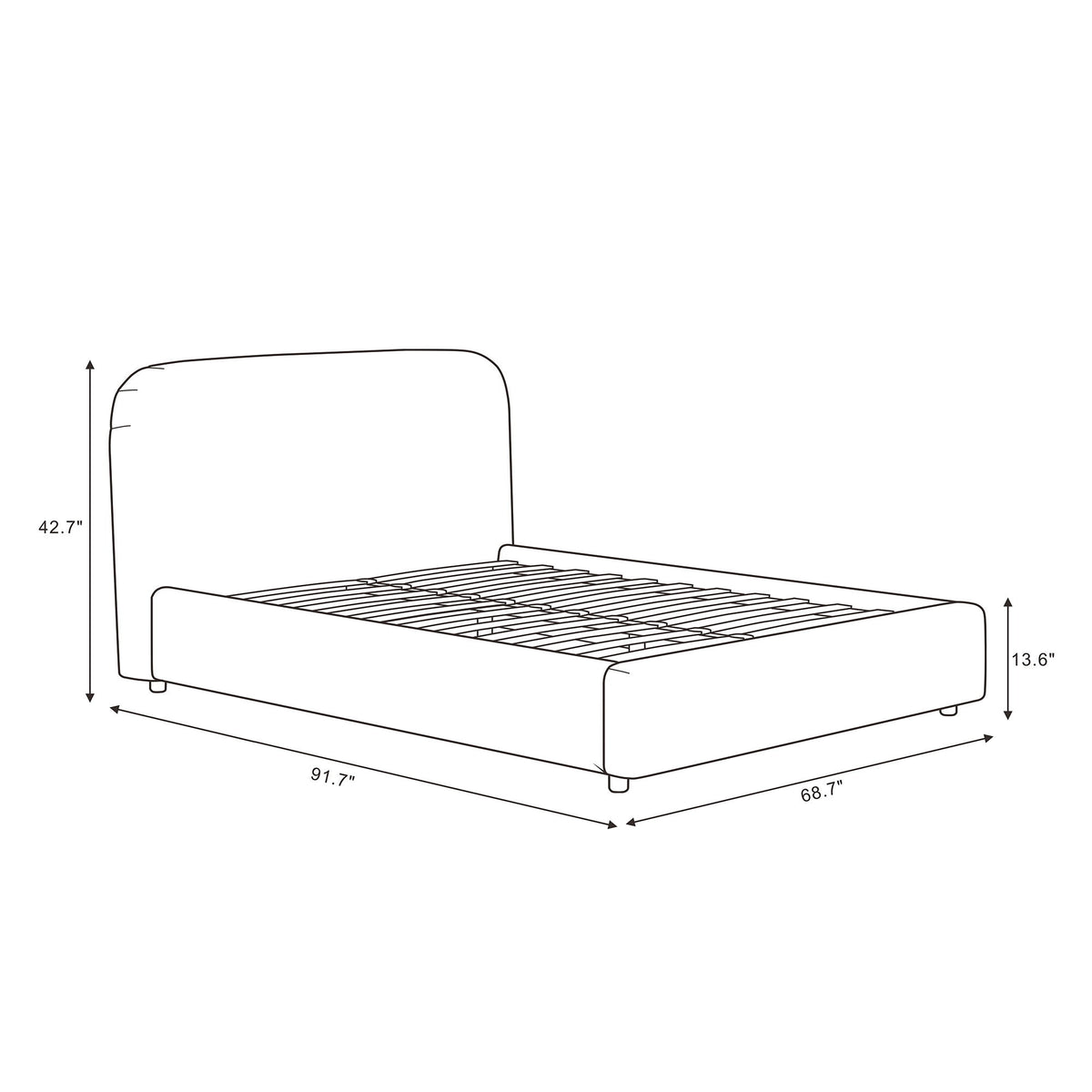 Upholstered bed frame diagram with rounded headboard and dimension measurements