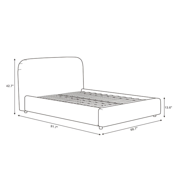 Upholstered bed frame diagram with rounded headboard and dimension measurements