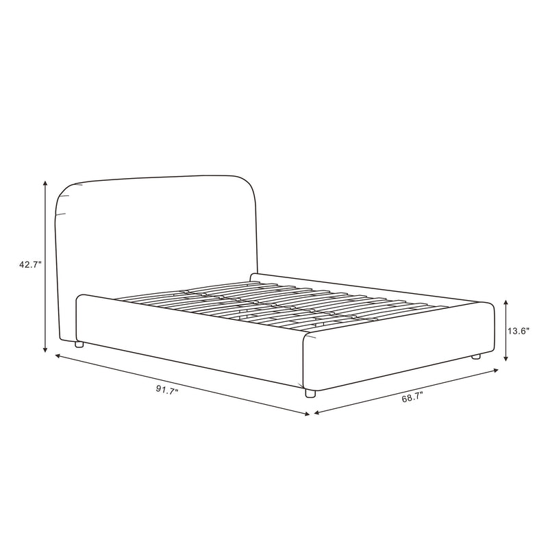 Upholstered bed frame diagram with rounded headboard and dimension measurements