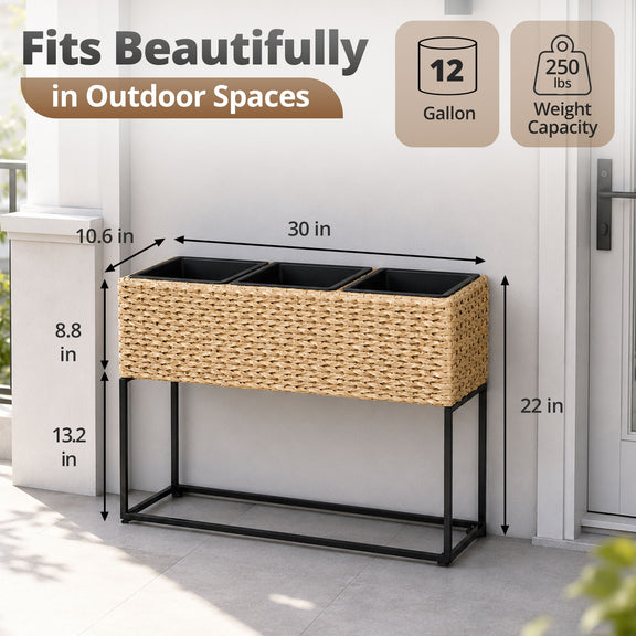 Light brown woven planter box with three black inserts on a metal stand, shown with dimensions