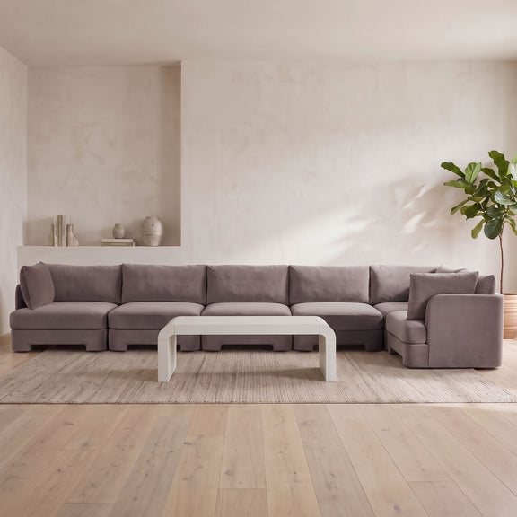 Gray velvet upholstered L-shaped sectional sofa set with 6 pieces