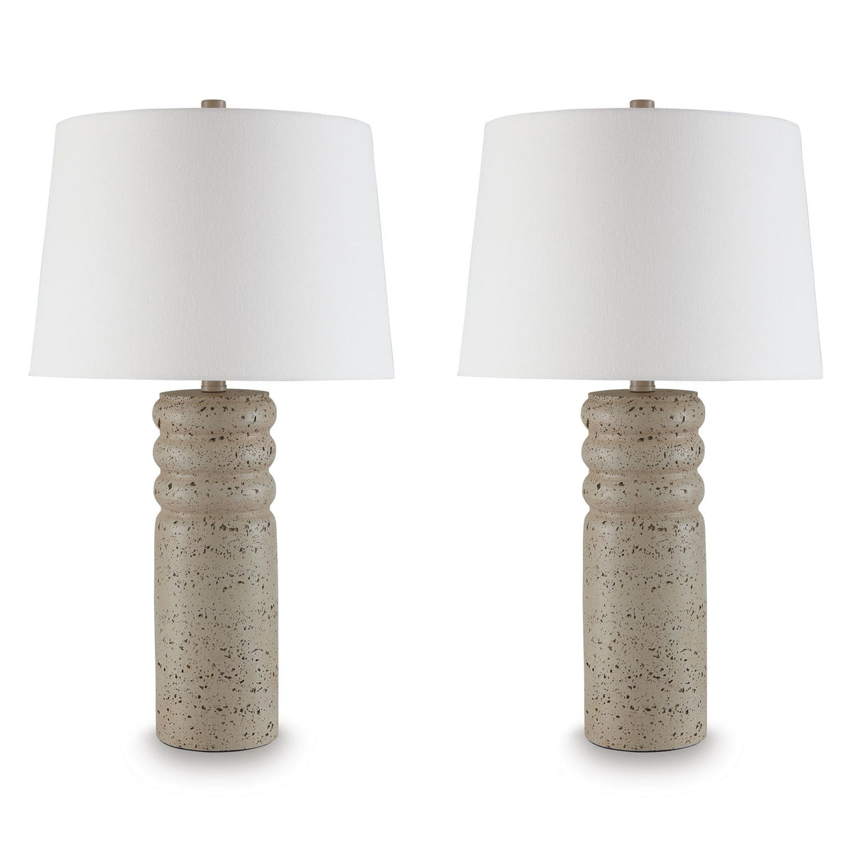 Beige speckled poly table lamps, white drum shades, metal bases (set of 2)