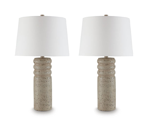 Beige speckled poly table lamps, white drum shades, metal bases (set of 2)