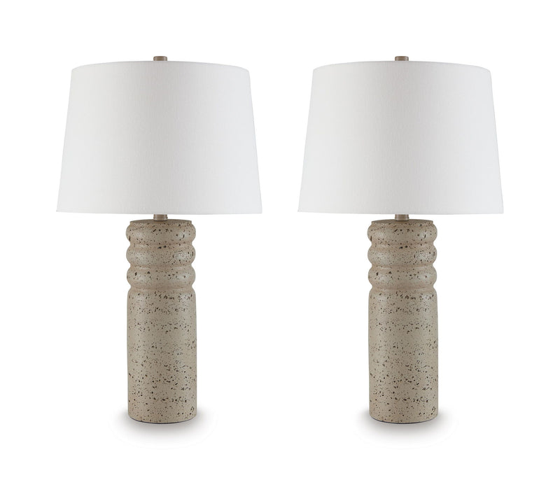 Beige speckled poly table lamps, white drum shades, metal bases (set of 2)