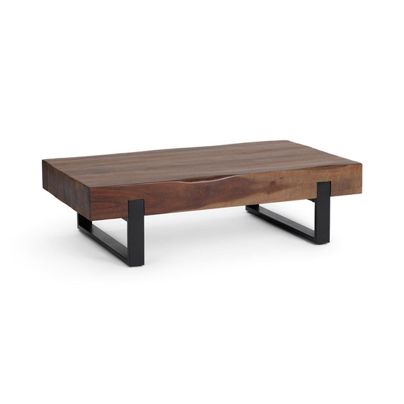 Reclaimed brown wood coffee table with black metal legs and open base