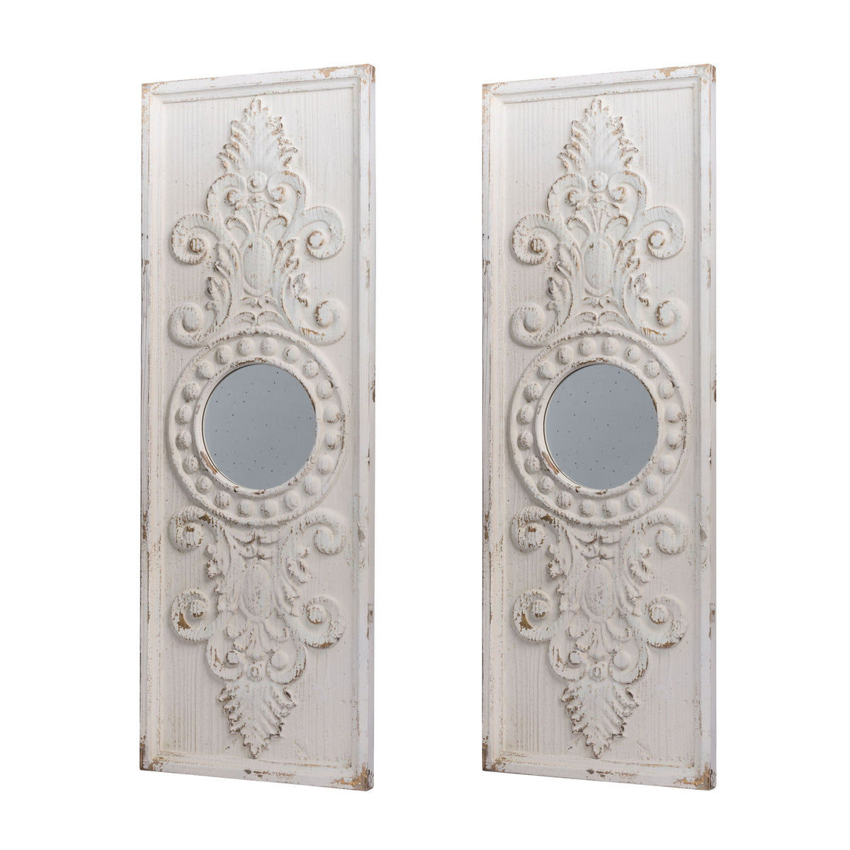 Large Wooden Wall Art Panels With Distressed Round Mirror Accents (Set of 2) - White