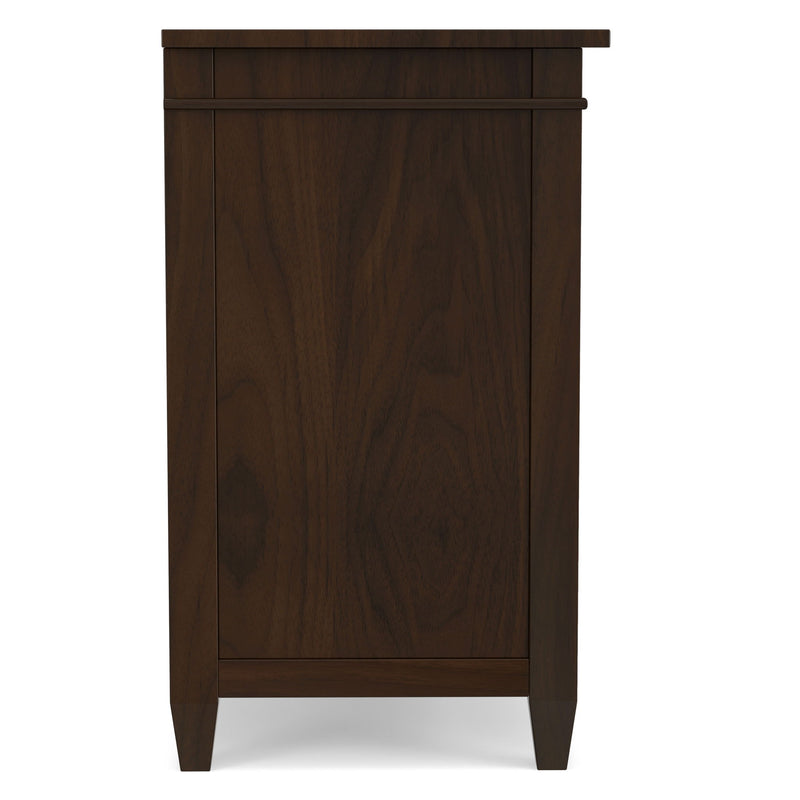 Dark brown media stand with two-panel front and angled legs