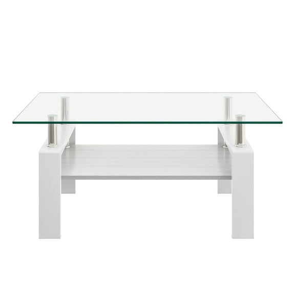 White rectangular coffee table with clear tempered glass top and storage shelf