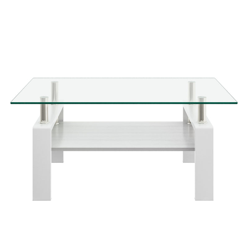 White rectangular coffee table with clear tempered glass top and storage shelf