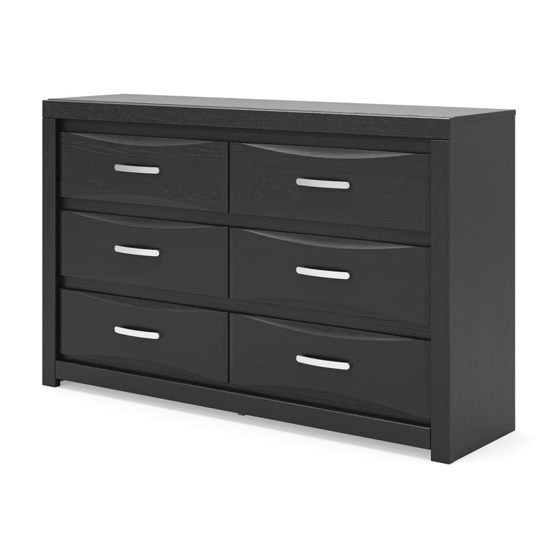 Black six-drawer dresser front with six bar pull handles and flat top.