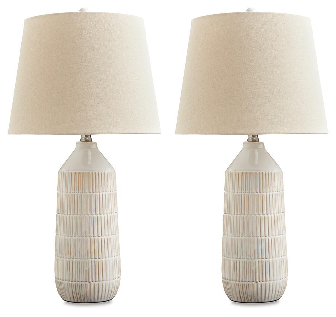 Set of 2 ceramic table lamps with off-white fabric shades and ribbed striped bases