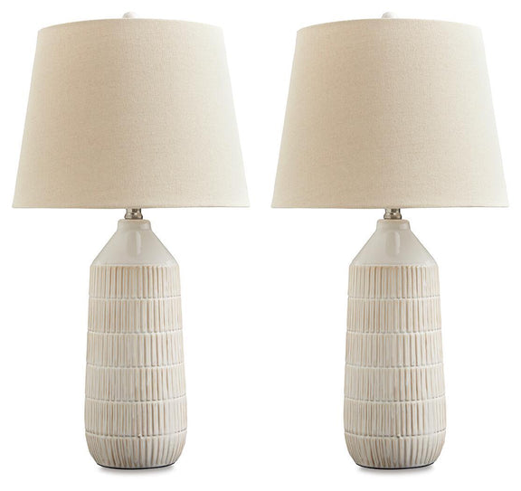 Set of 2 ceramic table lamps with off-white fabric shades and ribbed striped bases
