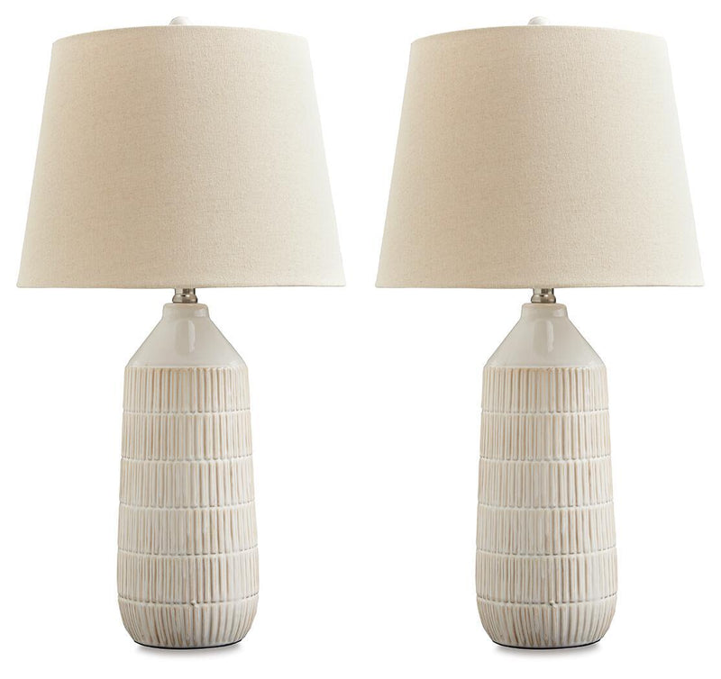 Set of 2 ceramic table lamps with off-white fabric shades and ribbed striped bases