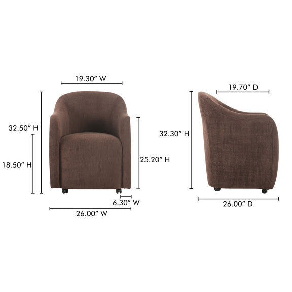 Dark brown rolling dining chair dimensions on front and side views