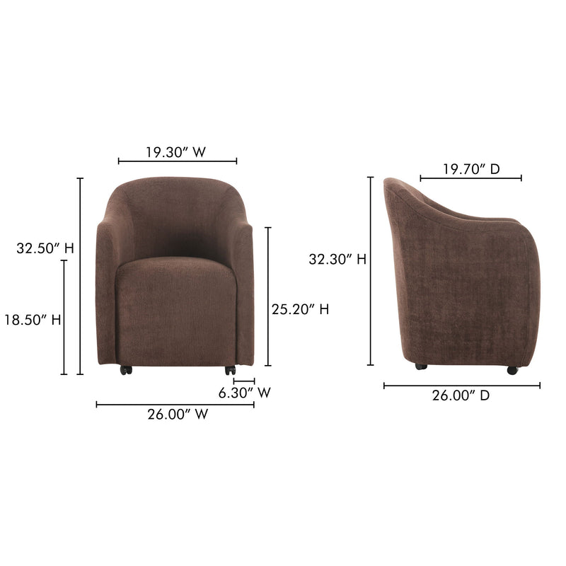 Dark brown rolling dining chair dimensions on front and side views