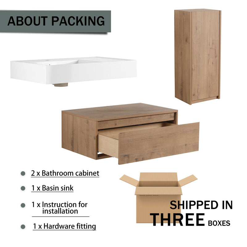 Modern Wall Mounted Bathroom Vanity With Resin Sink And Side Cabinet, Soft Close Drawer, Imitative - Imitative Oak