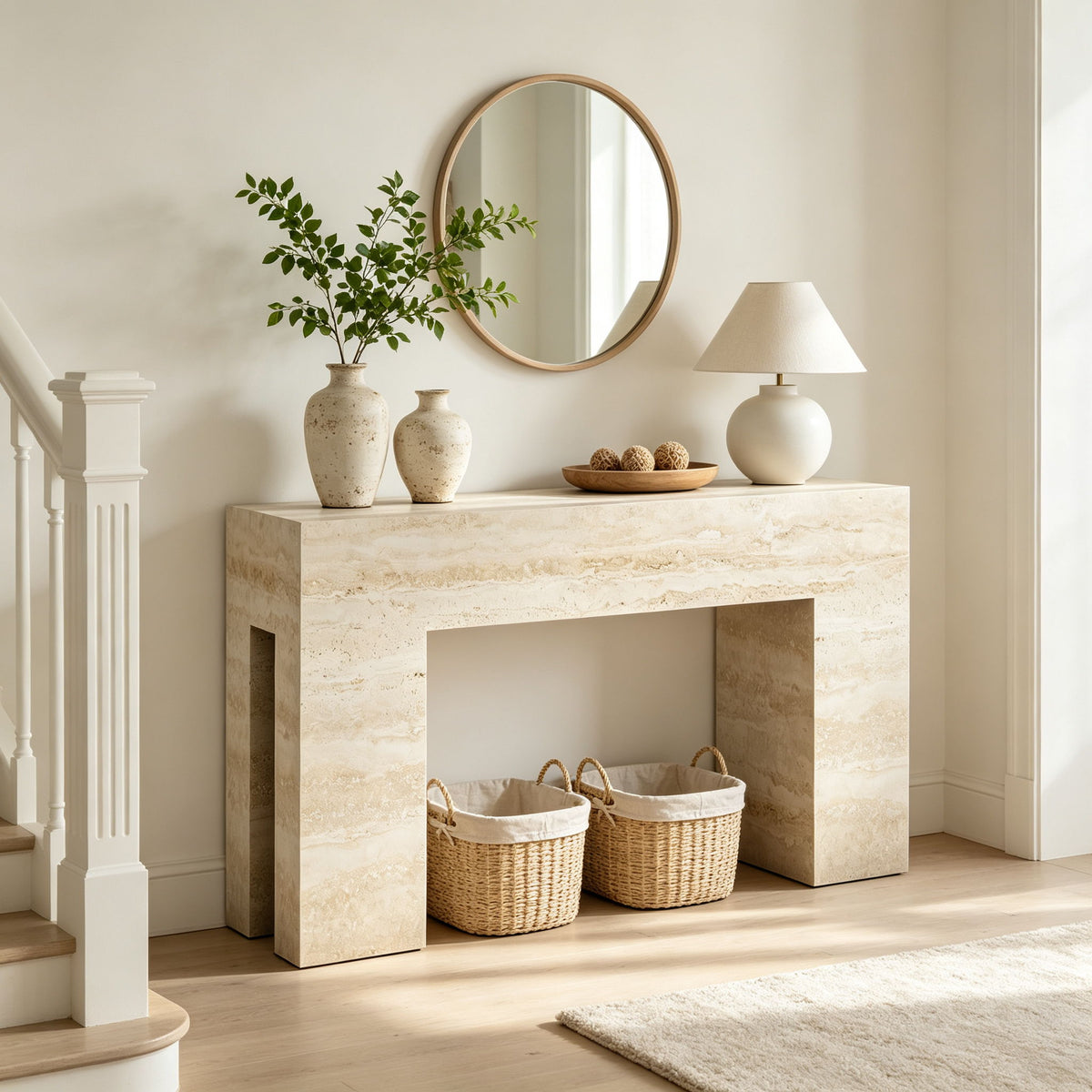 Beige console table with open center, stone-look finish; two baskets on shelf