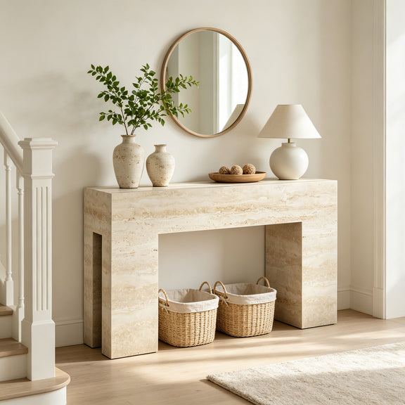Beige console table with open center, stone-look finish; two baskets on shelf