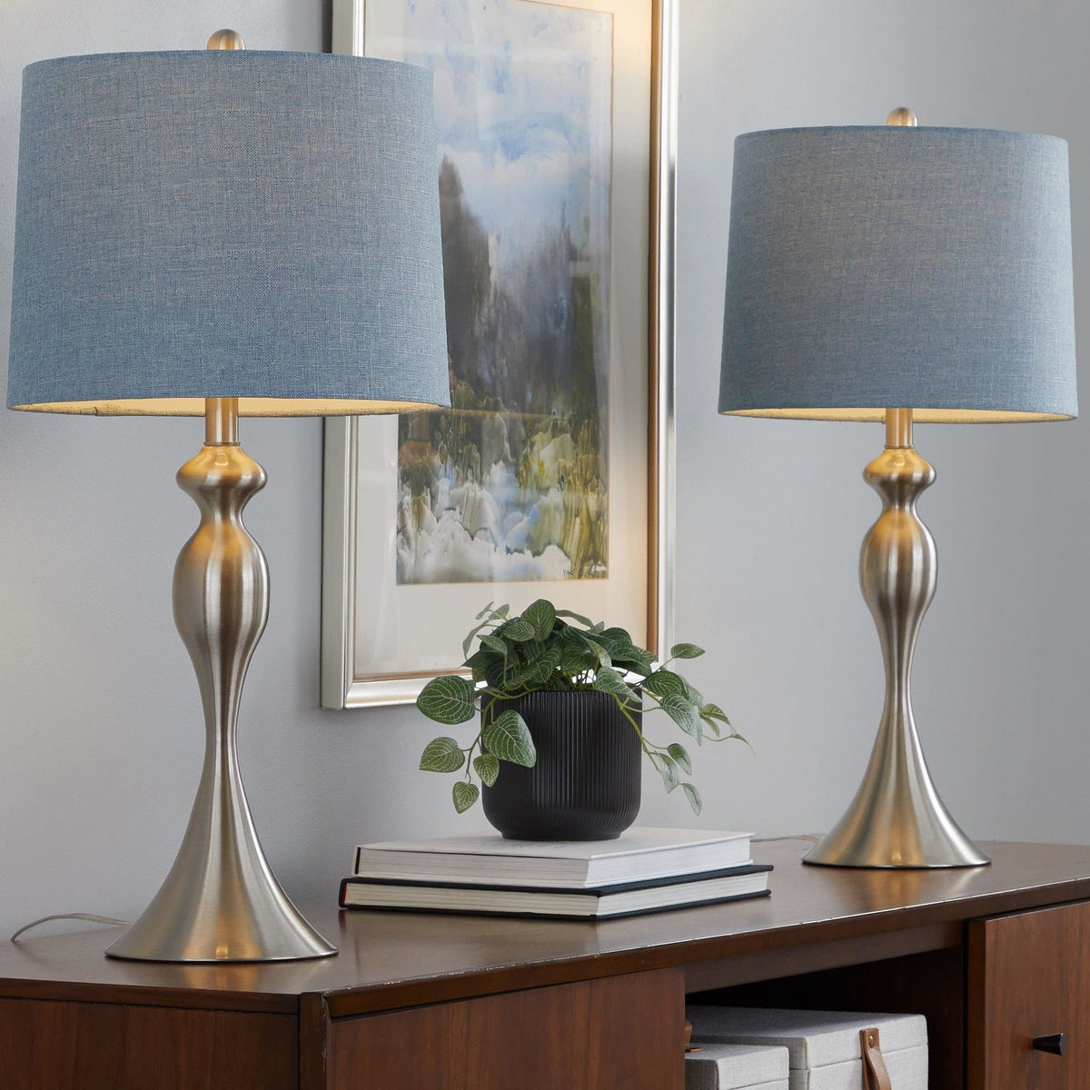 Ashland contemporary table lamp set of 2 with blue fabric shades and gold-tone bases
