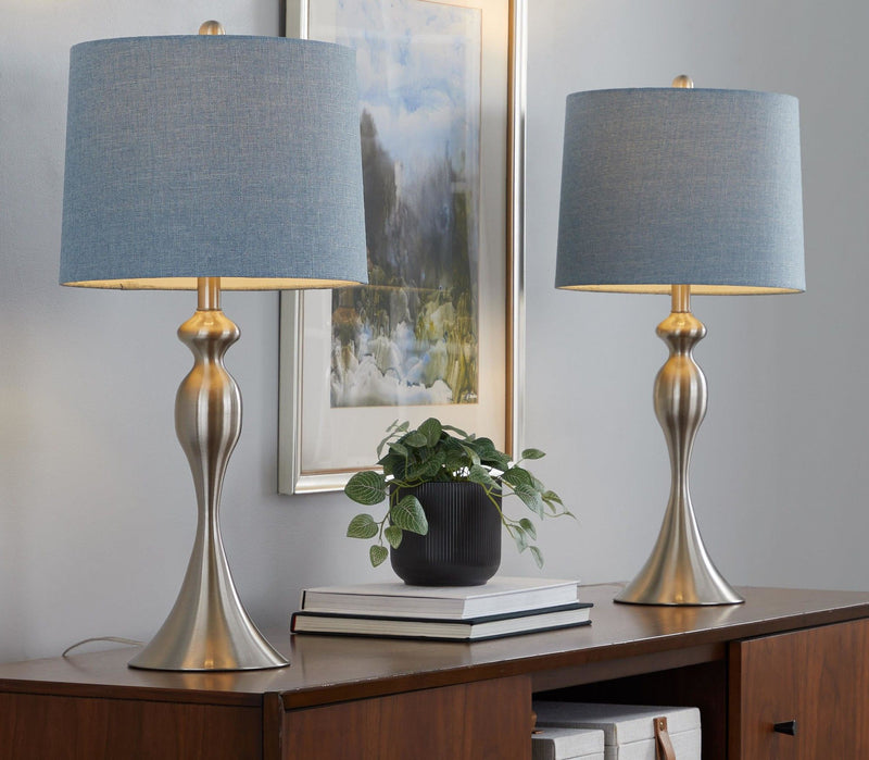 Ashland contemporary table lamp set of 2 with blue fabric shades and gold-tone bases