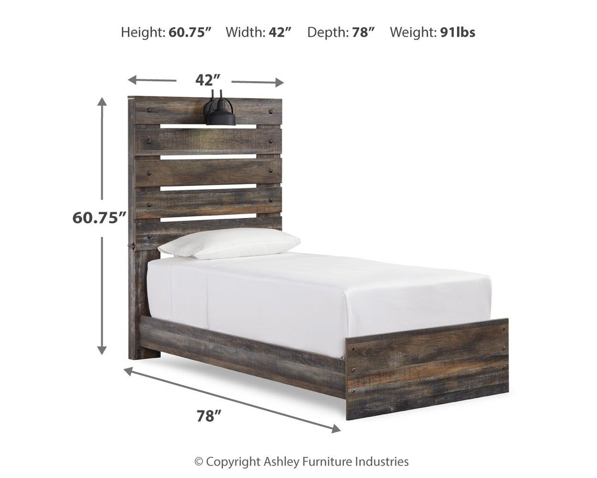 Drystan panel bed angled view with dark wood headboard slats and platform side rail