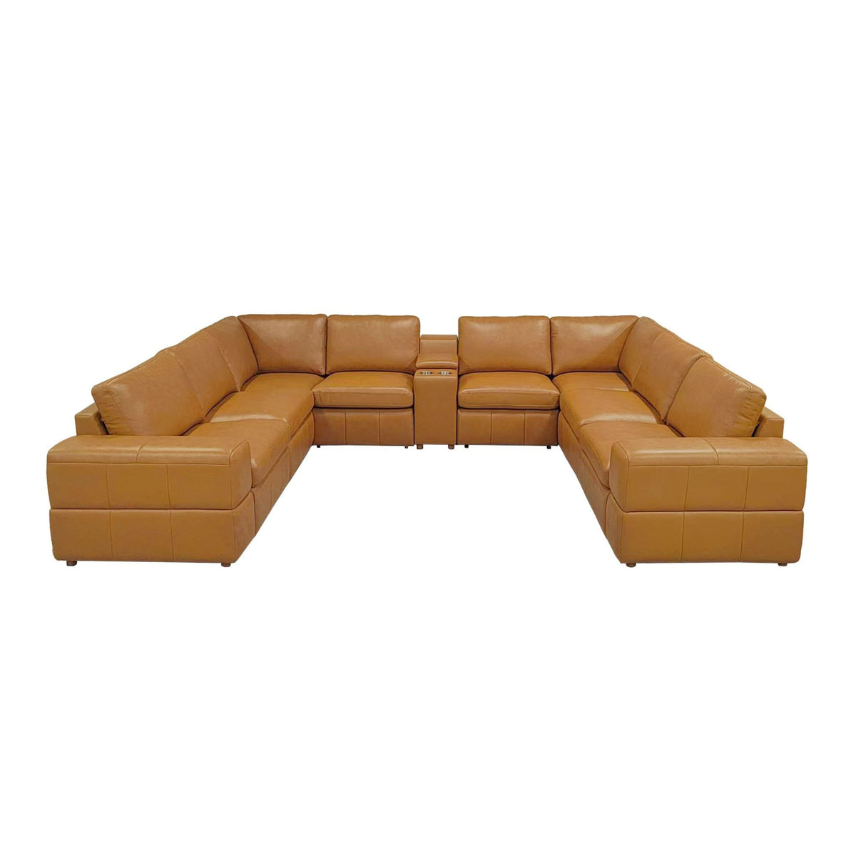 Modular U-shaped sectional sofa with large square arms, light brown chaise and ottoman sections.