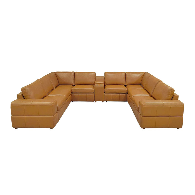 Modular U-shaped sectional sofa with large square arms, light brown chaise and ottoman sections.
