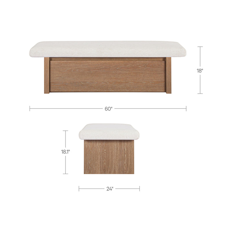 Oat upholstered storage bench with wood drawer front, shown with size dimensions